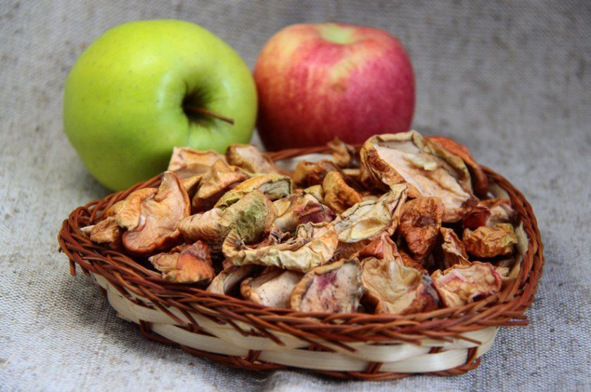 Зберігання сушених яблук в плетених кошику